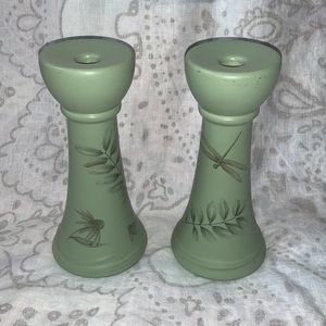 Pair Pfaltzgraff Naturewood Candlestick Holders Sage Green